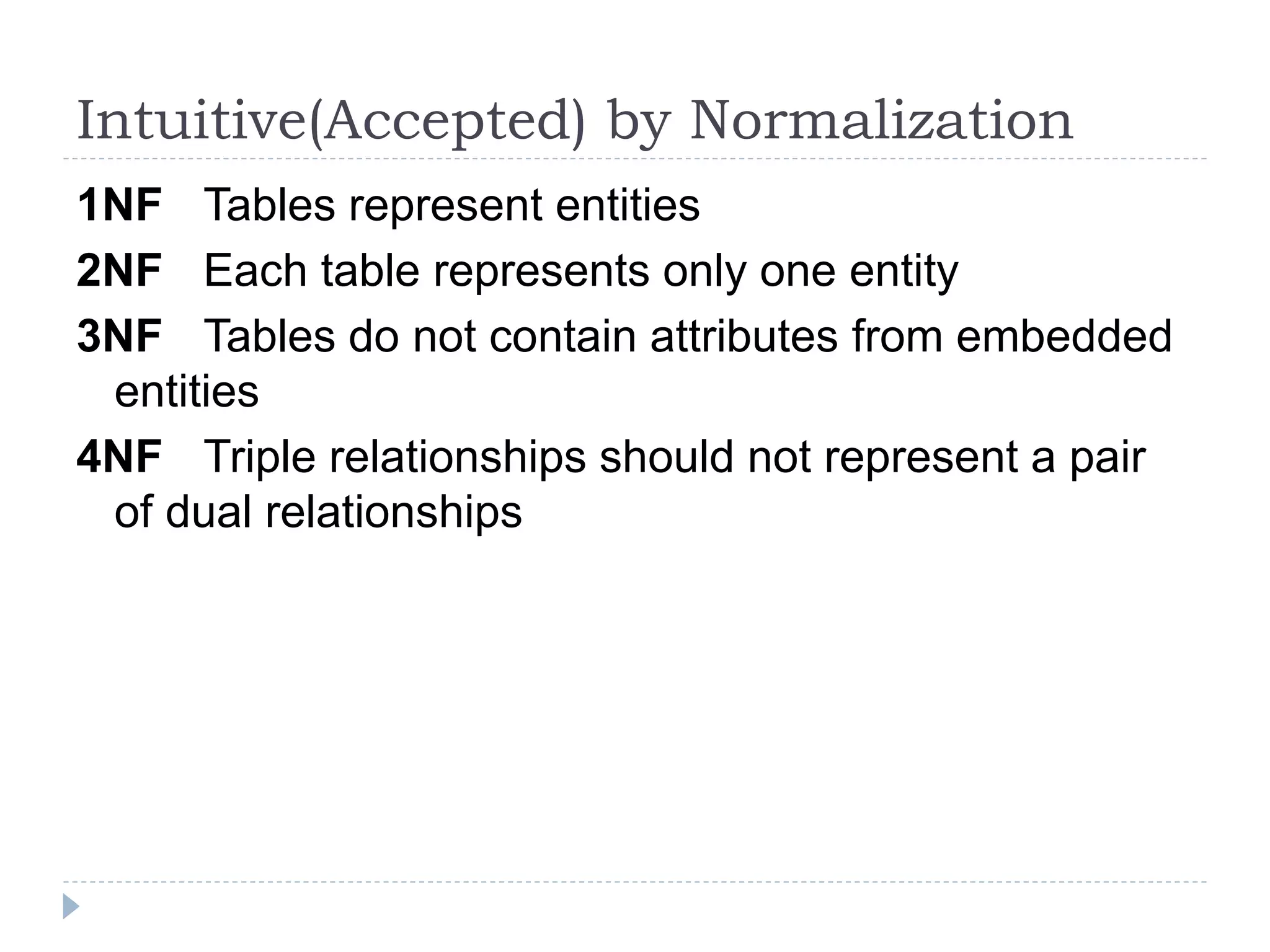 Intuitive(Accepted) by Normalization
1NF Tables represent entities
2NF Each table represents only one entity
3NF Tables do not contain attributes from embedded
entities
4NF Triple relationships should not represent a pair
of dual relationships
 