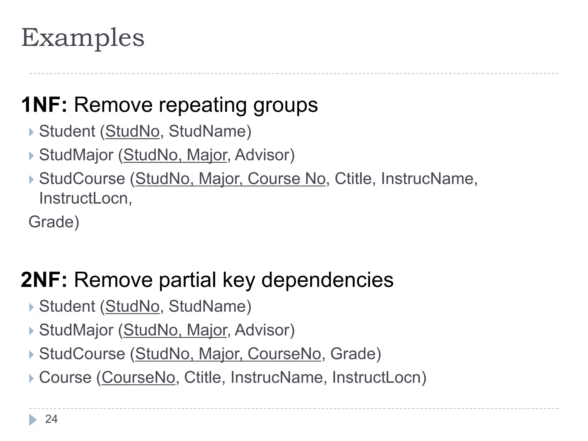 Examples
1NF: Remove repeating groups
 Student (StudNo, StudName)
 StudMajor (StudNo, Major, Advisor)
 StudCourse (StudNo, Major, Course No, Ctitle, InstrucName,
InstructLocn,
Grade)
2NF: Remove partial key dependencies
 Student (StudNo, StudName)
 StudMajor (StudNo, Major, Advisor)
 StudCourse (StudNo, Major, CourseNo, Grade)
 Course (CourseNo, Ctitle, InstrucName, InstructLocn)
24
 