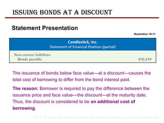 The issuance of bonds below face value—at a discount—causes the
total cost of borrowing to differ from the bond interest paid.
The reason: Borrower is required to pay the difference between the
issuance price and face value—the discount—at the maturity date.
Thus, the discount is considered to be an additional cost of
borrowing.
Statement Presentation
LO 5 Prepare the entries for the issuance of bonds and interest expense.
Illustration 10-11
Issuing Bonds at a Discount
Carrying value or
book value
 