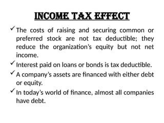 Income Tax Effect
The costs of raising and securing common or
preferred stock are not tax deductible; they
reduce the organization’s equity but not net
income.
Interest paid on loans or bonds is tax deductible.
A company’s assets are financed with either debt
or equity.
In today’s world of finance, almost all companies
have debt.
 