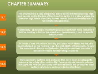 © 2013 by Pearson Higher Education, Inc
Upper Saddle River, New Jersey 07458 • All Rights Reserved
The courtroom is a very dangerous place due to emotions running high
and people facing the loss of their freedom or life. It is a place where the
need for high levels of security comes face to face with a defendant’s
Constitutional guarantees.
Traditionally, obstacles to maintaining a safe courtroom have included a
lack of funding, a lack of preparedness, complacency, and an unsafe
infrastructure.
There are many systems and protocols that have been developed to
enhance the safety of a court facility. These protocols relate to prisoner
transport, the number of security officers needed in the courtroom, alert
systems, and new court room design standards.
CHAPTER SUMMARY
14.1
14.2
14.4
To insure a safe courtroom, security personnel must assess the risk of a
hearing based on the hearing type, the probability of high emotions, and
the defendant’s history and behavior. The risk assessment provides a
baseline measure for allocating resources.
14.3
 