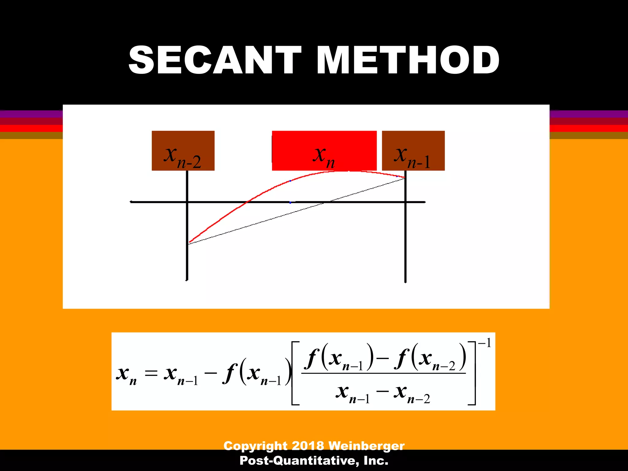 SECANT METHOD
xn-2 xn-1xn
     
1
21
21
11



 








nn
nn
nnn
xx
xfxf
xfxx
Copyright 2018 Weinberger
Post-Quantitative, Inc.
 