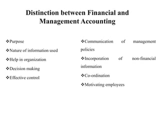 Distinction between Financial and
Management Accounting
Purpose
Nature of information used
Help in organization
Decision making
Effective control
Communication of management
policies
Incorporation of non-financial
information
Co-ordination
Motivating employees
 