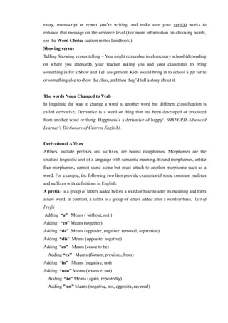 essay, manuscript or report you’re writing, and make sure your verb(s) works to
enhance that message on the sentence level.(For more information on choosing words,
see the Word Choice section in this handbook.)
Showing versus
Telling Showing versus telling – You might remember in elementary school (depending
on where you attended), your teacher asking you and your classmates to bring
something in for a Show and Tell assignment. Kids would bring in to school a pet turtle
or something else to show the class, and then they’d tell a story about it.
The words Noun Changed to Verb
In linguistic the way to change a word to another word but different classification is
called derivative. Derivative is a word or thing that has been developed or produced
from another word or thing: Happiness’s a derivative of happy‘. (OXFORD Advanced
Learner‘s Dictionary of Current English).
Derivational Affixes
Affixes, include prefixes and suffixes, are bound morphemes. Morphemes are the
smallest linguistic unit of a language with semantic meaning. Bound morphemes, unlike
free morphemes, cannot stand alone but must attach to another morpheme such as a
word. For example, the following two lists provide examples of some common prefixes
and suffixes with definitions in English:
A prefix- is a group of letters added before a word or base to alter its meaning and form
a new word. In contrast, a suffix is a group of letters added after a word or base. List of
Prefix
Adding “a” Means ( without, not )
Adding “co” Means (together)
Adding “de” Means (opposite, negative, removal, separation)
Adding “dis” Means (opposite, negative)
Adding “en” Means (cause to be)
Adding “ex” Means (former, previous, from)
Adding “in” Means (negative, not)
Adding “non” Means (absence, not)
Adding “re” Means (again, repeatedly)
Adding ” un” Means (negative, not, opposite, reversal)
 