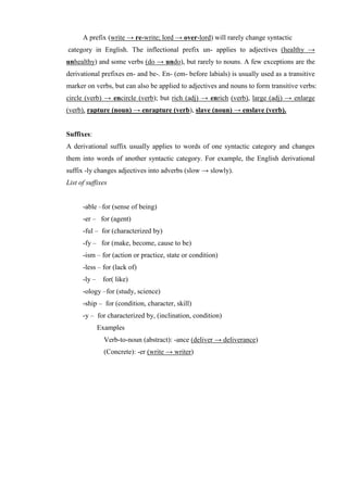 A prefix (write → re-write; lord → over-lord) will rarely change syntactic
category in English. The inflectional prefix un- applies to adjectives (healthy →
unhealthy) and some verbs (do → undo), but rarely to nouns. A few exceptions are the
derivational prefixes en- and be-. En- (em- before labials) is usually used as a transitive
marker on verbs, but can also be applied to adjectives and nouns to form transitive verbs:
circle (verb) → encircle (verb); but rich (adj) → enrich (verb), large (adj) → enlarge
(verb), rapture (noun) → enrapture (verb), slave (noun) → enslave (verb).
Suffixes:
A derivational suffix usually applies to words of one syntactic category and changes
them into words of another syntactic category. For example, the English derivational
suffix -ly changes adjectives into adverbs (slow → slowly).
List of suffixes
-able –for (sense of being)
-er – for (agent)
-ful – for (characterized by)
-fy – for (make, become, cause to be)
-ism – for (action or practice, state or condition)
-less – for (lack of)
-ly – for( like)
-ology –for (study, science)
-ship – for (condition, character, skill)
-y – for characterized by, (inclination, condition)
Examples
Verb-to-noun (abstract): -ance (deliver → deliverance)
(Concrete): -er (write → writer)
 