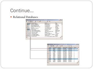 Continue…
 Relational Databases
 