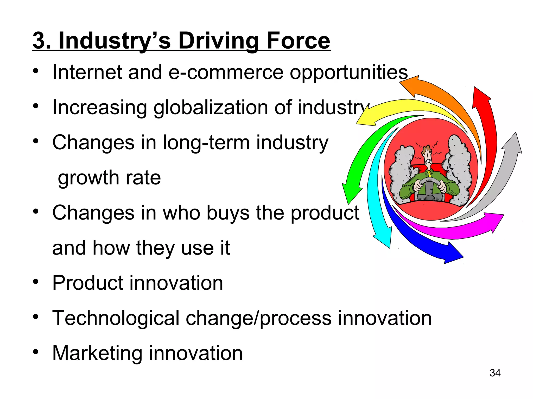 3. Industry’s Driving Force
• Internet and e-commerce opportunities
• Increasing globalization of industry
• Changes in long-term industry
growth rate
• Changes in who buys the product
and how they use it
• Product innovation
• Technological change/process innovation
• Marketing innovation
34
 