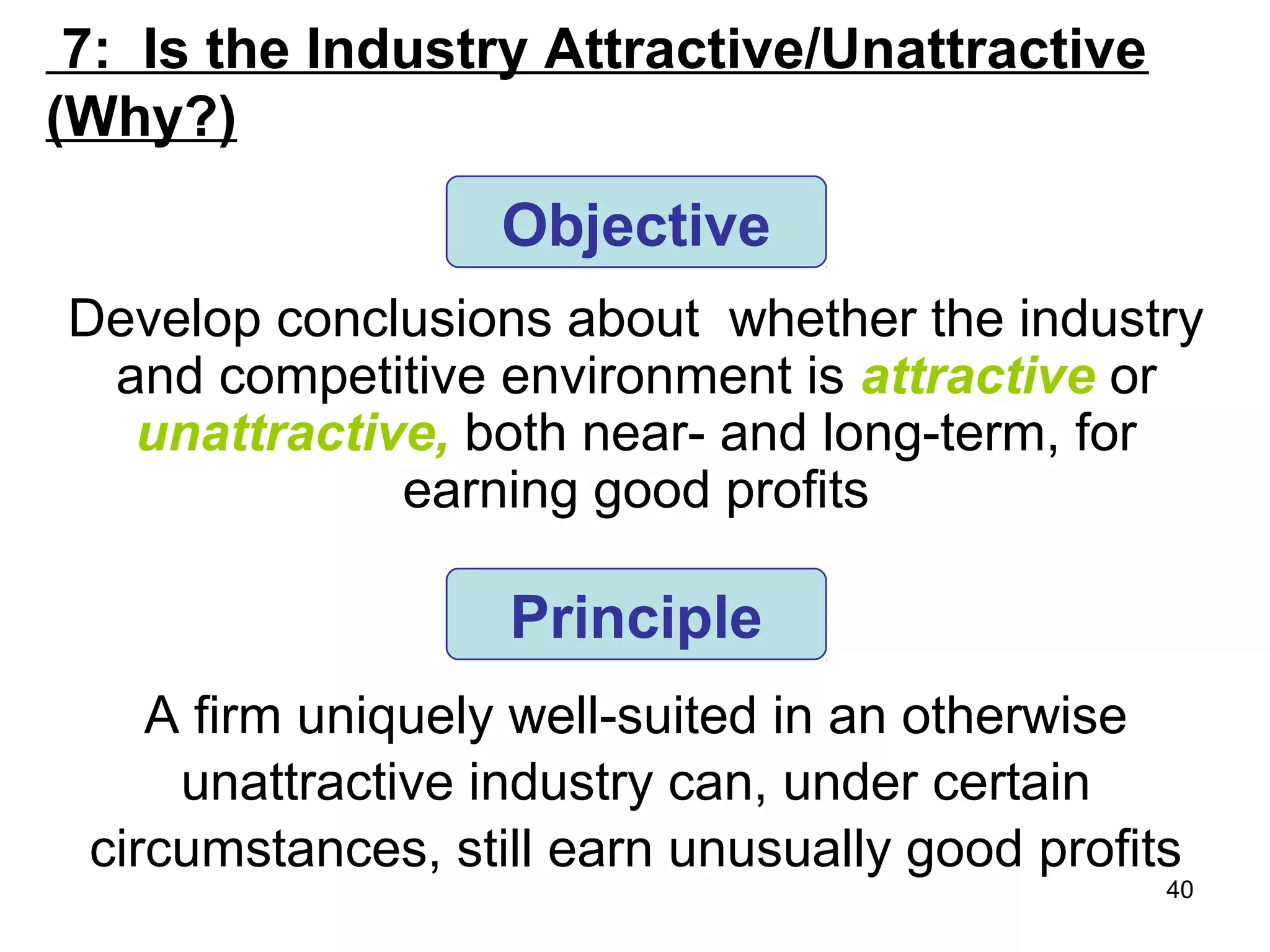 7: Is the Industry Attractive/Unattractive
(Why?)
Develop conclusions about whether the industry
and competitive environment is attractive or
unattractive, both near- and long-term, for
earning good profits
Objective
Principle
A firm uniquely well-suited in an otherwise
unattractive industry can, under certain
circumstances, still earn unusually good profits
40
 