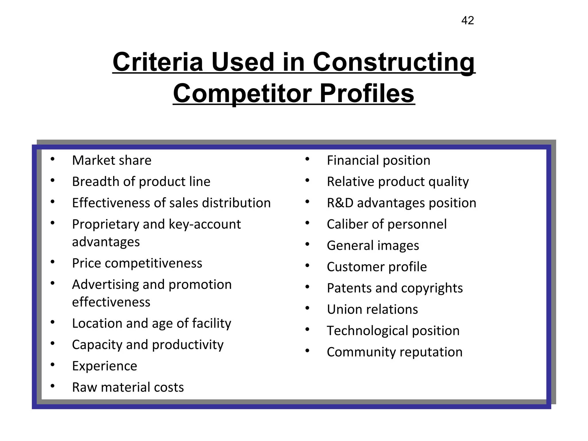 42
Criteria Used in Constructing
Competitor Profiles
• Market share
• Breadth of product line
• Effectiveness of sales distribution
• Proprietary and key-account
advantages
• Price competitiveness
• Advertising and promotion
effectiveness
• Location and age of facility
• Capacity and productivity
• Experience
• Raw material costs
• Financial position
• Relative product quality
• R&D advantages position
• Caliber of personnel
• General images
• Customer profile
• Patents and copyrights
• Union relations
• Technological position
• Community reputation
 