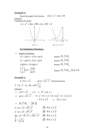 Example 8:
Sketch the graph of the function 106)( 2
++= xxxf
Solution:-
Completing the square
1)3(106 22
++=++= xxxy
ii) Combination of functions:-
Algebra of functions
domain)()())(( xgxfxgf +=+ gf DD ∩
domain)()())(( xgxfxgf −=− gf DD ∩
domain)()())(( xgxfxfg = gf DD ∩
)(
)(
)(
xg
xf
x
g
f
=⎟⎟
⎠
⎞
⎜⎜
⎝
⎛
domain 0)(, ≠xfDD gf ∩
Example 9:
if
2
4)(,) xxgxx −=(f = , find the functions
g
fandfggfgf ,,, −+ .
Solution:-
( )f x x= : is [0,0x ≥ ⇒ fD ∞ )
2
( ) 4g x x= − :
22 2
4 0 4 4x x x x− ≥ ⇒ ≤ ⇒ ≤ ⇒ ≤ 2
22 ≤≤− x ⇒ gD is [-2,2]
[ ]: 0,2f gD D∩
2
4f g x x+ = + − D: 20 ≤≤ x
2
4f g x x−− = − D: 20 ≤≤ x
2 2
4 4fg x x x x= − = − D: 20 ≤≤ x
2 4
x
x
f
g −
= D: 20 <≤ x
10
 