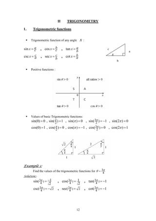 II TRIGONOMETRY
1. Trigonometric functions
Trigonometric function of any angle :x
c
b
a
x
sin cos tan
csc sec cot
, ,
, ,
a bx xc c b
c cx xa ab
= =
= =
ax
bx
=
=
Positive functions :
Values of basic Trigonometric functions:
3
2 2
3
2 2
sin(0) 0 , sin( ) 1 , sin( ) 0 , sin( ) 1 , sin(2 ) 0
cos(0) 1 , cos( ) 0 , cos( ) 1 , cos( ) 0 , cos(2 ) 1
π π
π π
π π
π π
= = = = −
= = = − =
=
=
Example 1:
Find the values of the trigonometric functions for 3
4
πθ =
Solution:-
3 3) )
4 4
3 3) 2 ) 2 )
4 4
1 1sin( cos( tan( 1
2 2
csc( sec( cot( 1
, ,
, ,
π π
π π
3 )
4
3
4
π
π
−= =
= − = = −
= −
12
 