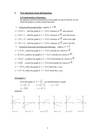 3. New functions from old functions
i) Transformation of functions:-
By applying certain transformations to the graph of a given function we can
obtain the graphs of certain related functions.
Vertical and horizontal shifts:- suppose .0>c
( )y f x c= + , shift the graph of )(xfy = a distance of units upward.c
( )y f x c= − , shift the graph of )(xfy = a distance of units downward.c
)( cxfy −= , shift the graph of )(xfy = a distance of units to the right.c
)( cxfy += , shift the graph of )(xfy = a distance of units to the left.c
Vertical & Horizontal stretching and reflecting:- suppose 1>c
( )y c f x= , stretch the graph of )(xfy = vertically by a factor of .c
1 ( )y f xc= , compress the graph of )(xfy = vertically by a factor of .c
( )y f cx= , compress the graph of )(xfy = horizontally by a factor of .c
( )xy f c= , stretch the graph of )(xfy = horizontally by a factor of .c
)(xfy −= , reflect the graph of )(xfy = about the x- axis.
)( xfy −= , reflect the graph of )(xfy = about the y- axis.
Example 7:
Given the graph of xy = , use transformation to graph
xyxyxy −=−=−= ,2,2
xyxy −== ,2
Solution:-
9
 