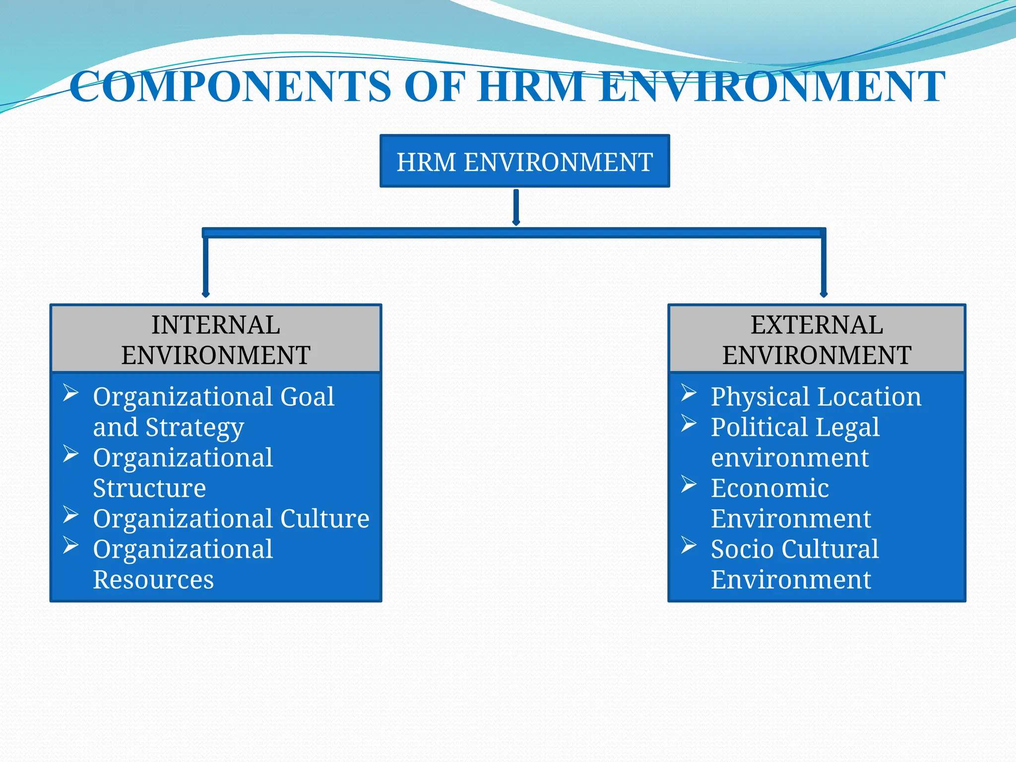 COMPONENTS OF HRM ENVIRONMENT
HRM ENVIRONMENT
INTERNAL
ENVIRONMENT
EXTERNAL
ENVIRONMENT
 Organizational Goal
and Strategy
 Organizational
Structure
 Organizational Culture
 Organizational
Resources
 Physical Location
 Political Legal
environment
 Economic
Environment
 Socio Cultural
Environment
 