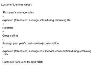 Customer Life time value :  Past year’s average sales  +  expected (forecasted) average sales during remaining life  +  Referrals  +  Cross selling - Average past year’s cost (service) consumption - expected (forecasted) average cost (service)consumption during remaining life - Customer back-outs for Bad WOM  