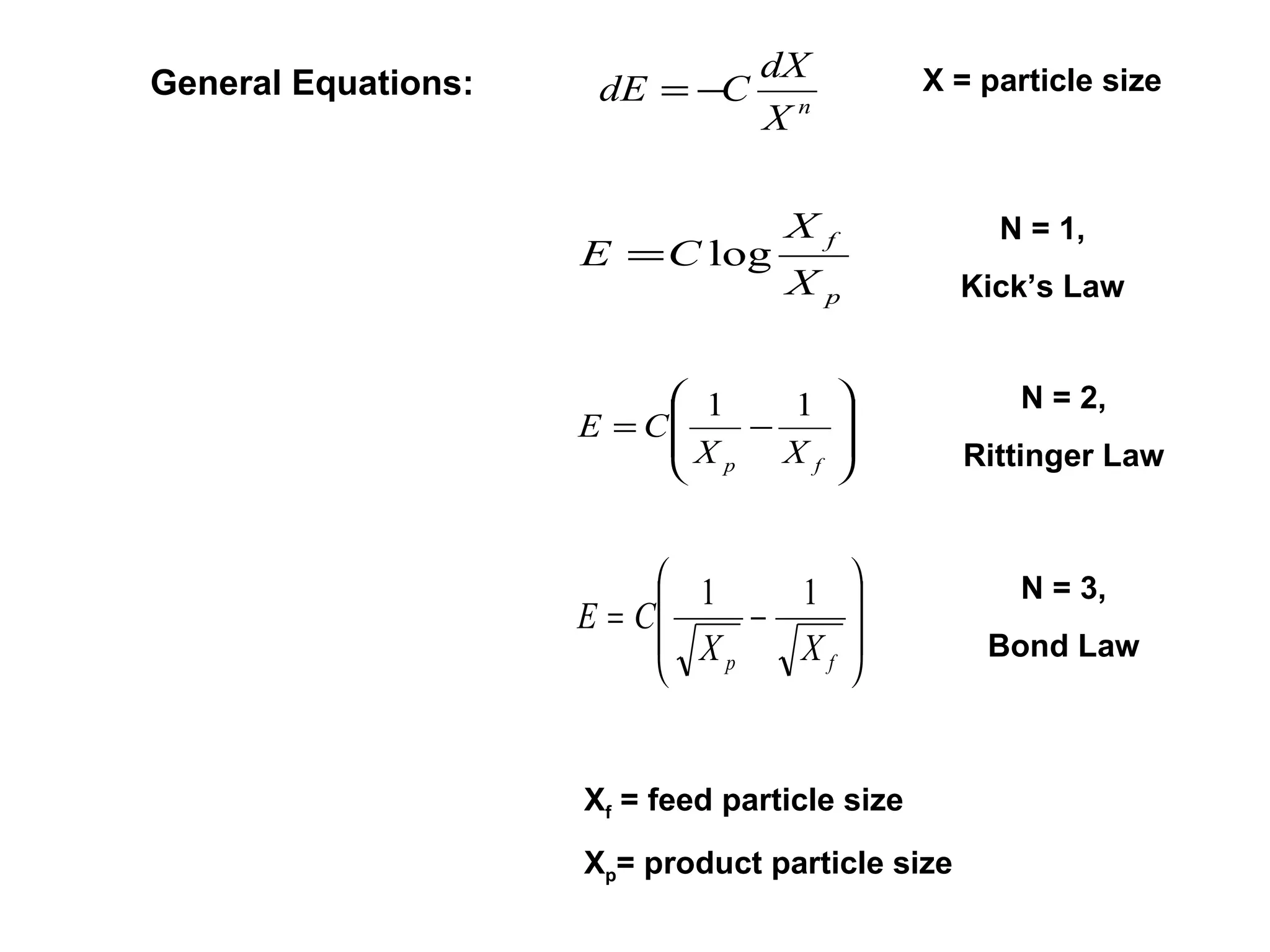 X f  = feed particle size X p = product particle size N = 1, Kick’s Law N = 2, Rittinger Law N = 3, Bond Law General Equations: X = particle size 