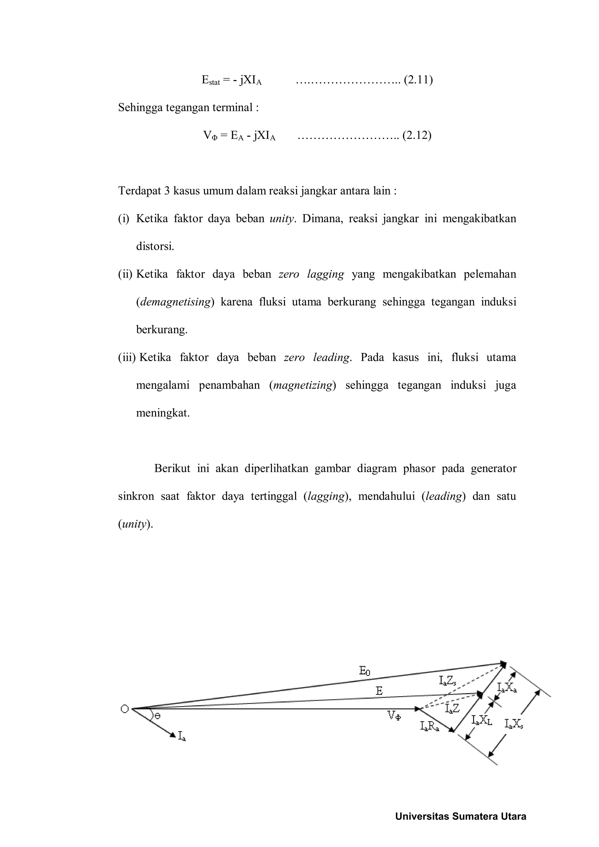 Estat = - jXIA ….………………….. (2.11)
Sehingga tegangan terminal :
VΦ = EA - jXIA …………………….. (2.12)
Terdapat 3 kasus umum dalam reaksi jangkar antara lain :
(i) Ketika faktor daya beban unity. Dimana, reaksi jangkar ini mengakibatkan
distorsi.
(ii) Ketika faktor daya beban zero lagging yang mengakibatkan pelemahan
(demagnetising) karena fluksi utama berkurang sehingga tegangan induksi
berkurang.
(iii) Ketika faktor daya beban zero leading. Pada kasus ini, fluksi utama
mengalami penambahan (magnetizing) sehingga tegangan induksi juga
meningkat.
Berikut ini akan diperlihatkan gambar diagram phasor pada generator
sinkron saat faktor daya tertinggal (lagging), mendahului (leading) dan satu
(unity).
Universitas Sumatera Utara
 