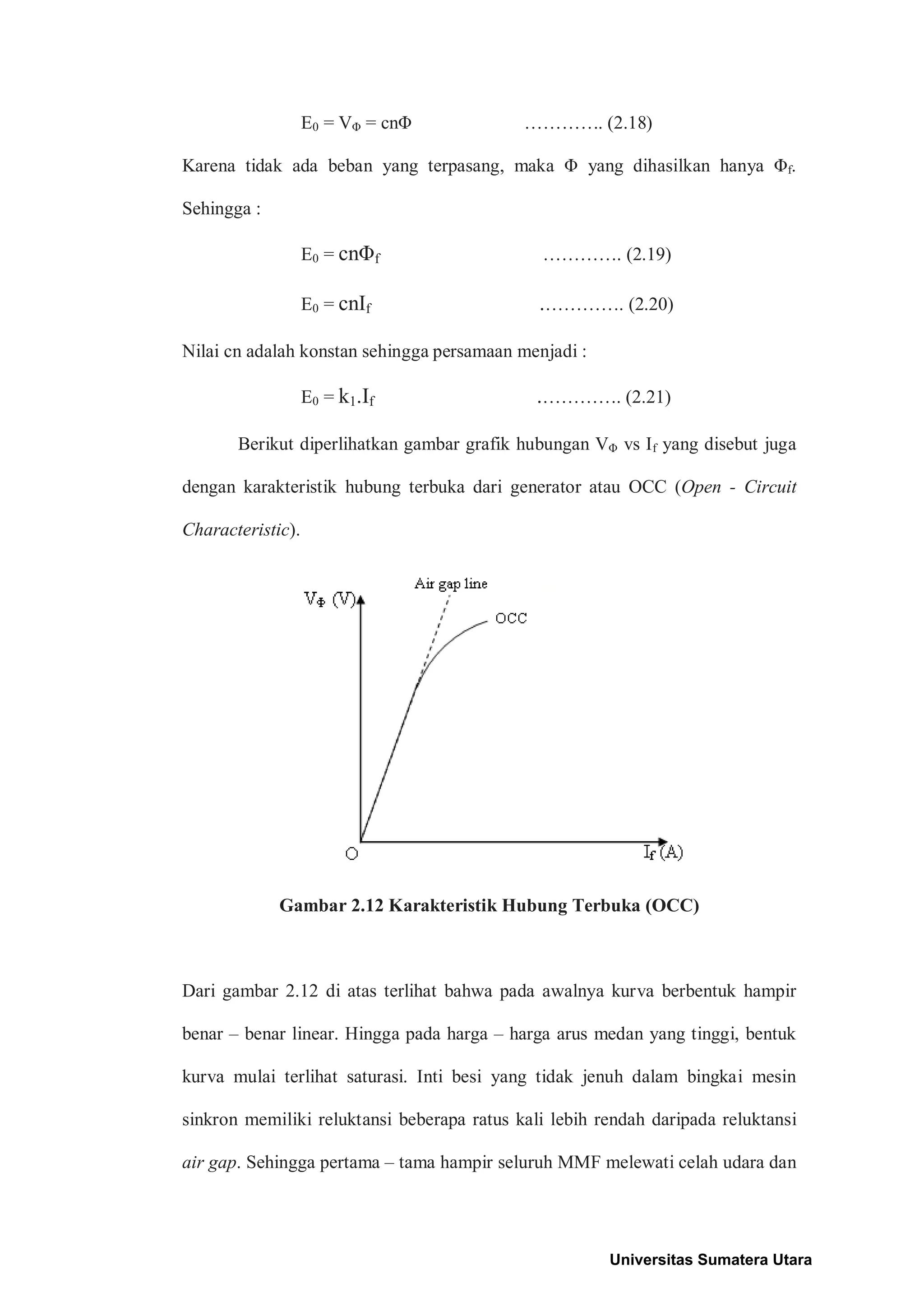 E0 = VΦ = cnΦ …………. (2.18)
Karena tidak ada beban yang terpasang, maka Φ yang dihasilkan hanya Φf.
Sehingga :
E0 = cnΦf …………. (2.19)
E0 = cnIf .…………. (2.20)
Nilai cn adalah konstan sehingga persamaan menjadi :
E0 = k1.If .…………. (2.21)
Berikut diperlihatkan gambar grafik hubungan VΦ vs If yang disebut juga
dengan karakteristik hubung terbuka dari generator atau OCC (Open - Circuit
Characteristic).
Gambar 2.12 Karakteristik Hubung Terbuka (OCC)
Dari gambar 2.12 di atas terlihat bahwa pada awalnya kurva berbentuk hampir
benar – benar linear. Hingga pada harga – harga arus medan yang tinggi, bentuk
kurva mulai terlihat saturasi. Inti besi yang tidak jenuh dalam bingkai mesin
sinkron memiliki reluktansi beberapa ratus kali lebih rendah daripada reluktansi
air gap. Sehingga pertama – tama hampir seluruh MMF melewati celah udara dan
Universitas Sumatera Utara
 