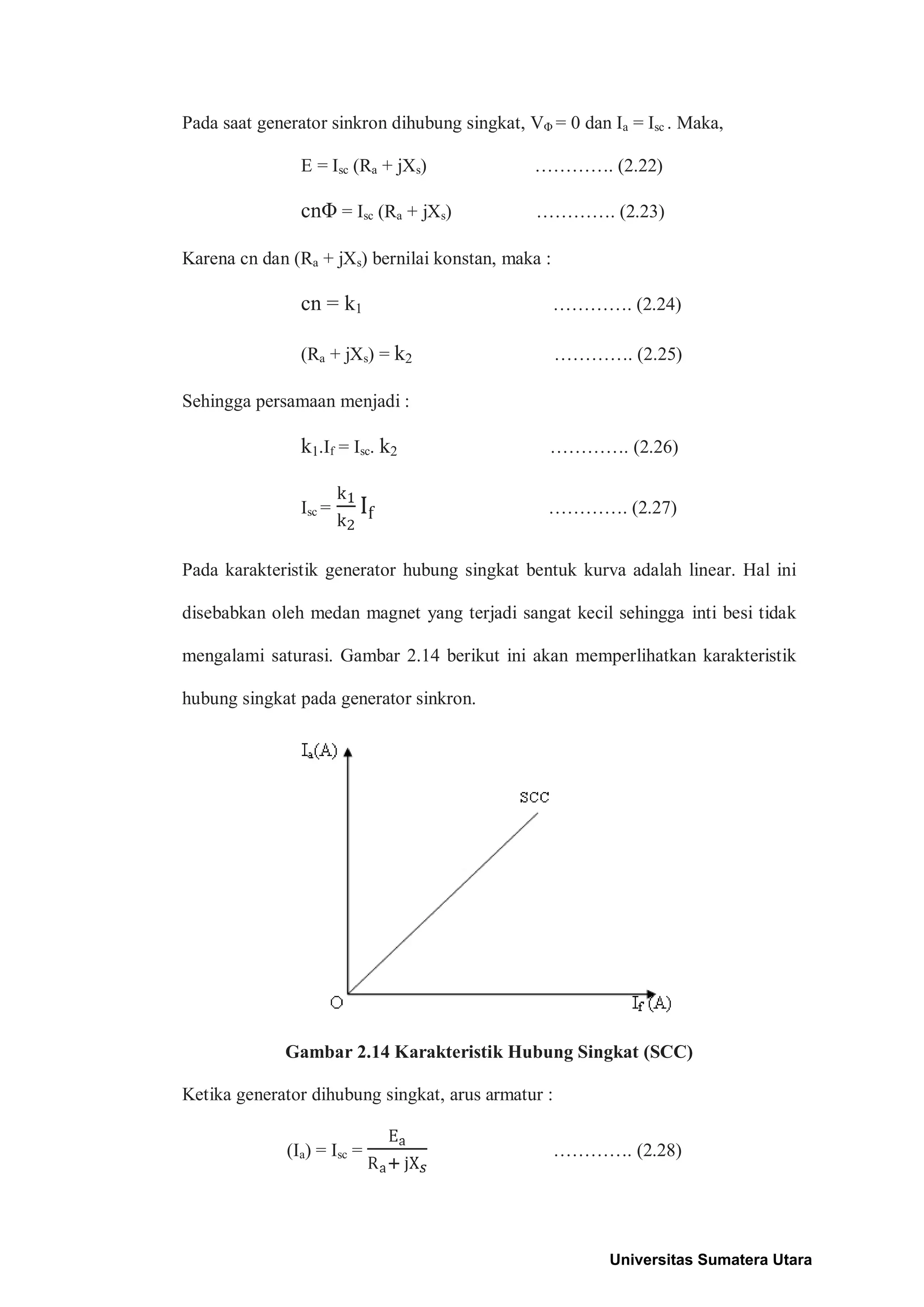 Pada saat generator sinkron dihubung singkat, VΦ = 0 dan Ia = Isc . Maka,
E = Isc (Ra + jXs) …………. (2.22)
cnΦ = Isc (Ra + jXs) …………. (2.23)
Karena cn dan (Ra + jXs) bernilai konstan, maka :
cn = k1 …………. (2.24)
(Ra + jXs) = k2 …………. (2.25)
Sehingga persamaan menjadi :
k1.If = Isc. k2 …………. (2.26)
Isc = …………. (2.27)
Pada karakteristik generator hubung singkat bentuk kurva adalah linear. Hal ini
disebabkan oleh medan magnet yang terjadi sangat kecil sehingga inti besi tidak
mengalami saturasi. Gambar 2.14 berikut ini akan memperlihatkan karakteristik
hubung singkat pada generator sinkron.
Gambar 2.14 Karakteristik Hubung Singkat (SCC)
Ketika generator dihubung singkat, arus armatur :
(Ia) = Isc = …………. (2.28)
Universitas Sumatera Utara
 