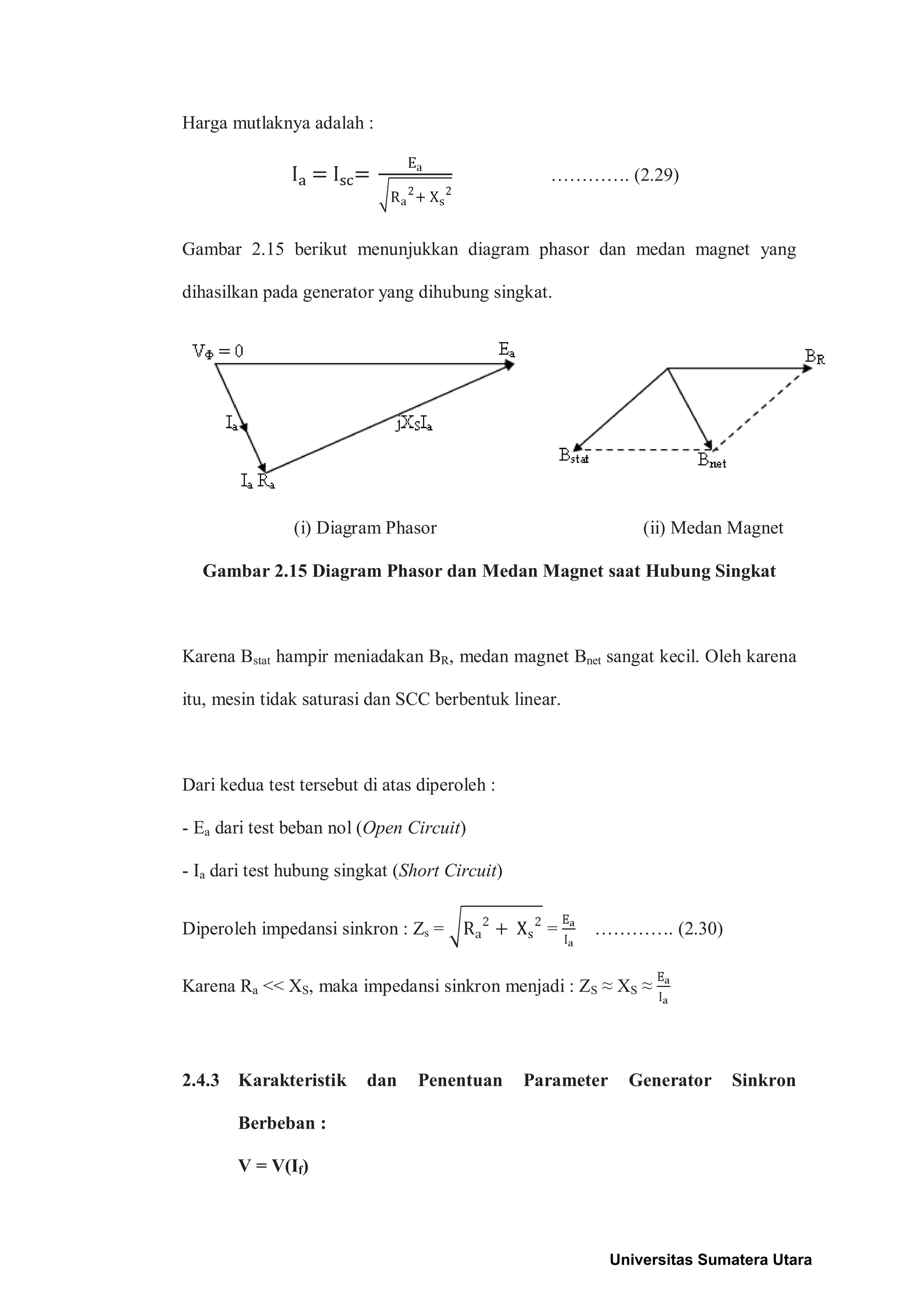 Harga mutlaknya adalah :
…………. (2.29)
Gambar 2.15 berikut menunjukkan diagram phasor dan medan magnet yang
dihasilkan pada generator yang dihubung singkat.
(i) Diagram Phasor (ii) Medan Magnet
Gambar 2.15 Diagram Phasor dan Medan Magnet saat Hubung Singkat
Karena Bstat hampir meniadakan BR, medan magnet Bnet sangat kecil. Oleh karena
itu, mesin tidak saturasi dan SCC berbentuk linear.
Dari kedua test tersebut di atas diperoleh :
- Ea dari test beban nol (Open Circuit)
- Ia dari test hubung singkat (Short Circuit)
Diperoleh impedansi sinkron : Zs = = …………. (2.30)
Karena Ra << XS, maka impedansi sinkron menjadi : ZS ≈ XS ≈
2.4.3 Karakteristik dan Penentuan Parameter Generator Sinkron
Berbeban :
V = V(If)
Universitas Sumatera Utara
 