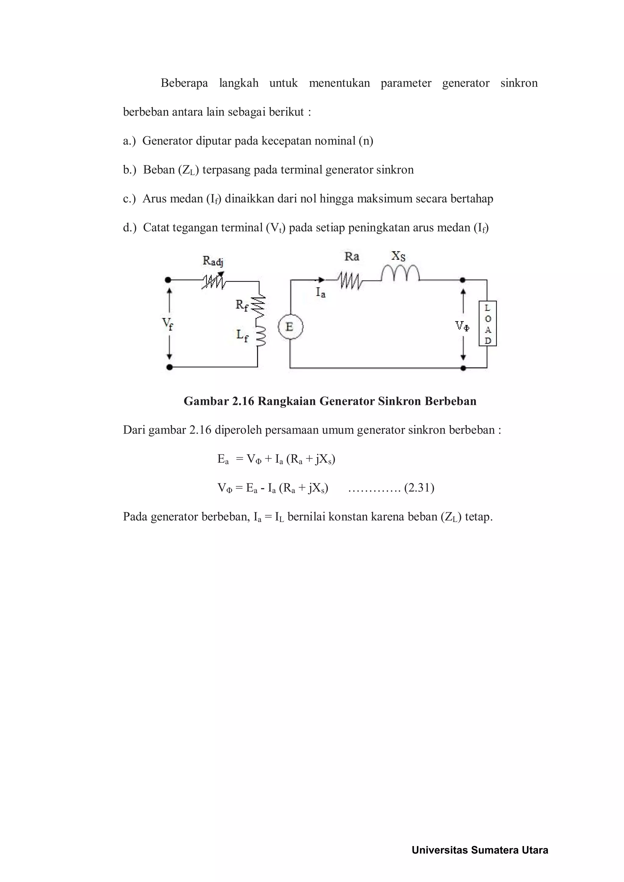 Beberapa langkah untuk menentukan parameter generator sinkron
berbeban antara lain sebagai berikut :
a.) Generator diputar pada kecepatan nominal (n)
b.) Beban (ZL) terpasang pada terminal generator sinkron
c.) Arus medan (If) dinaikkan dari nol hingga maksimum secara bertahap
d.) Catat tegangan terminal (Vt) pada setiap peningkatan arus medan (If)
Gambar 2.16 Rangkaian Generator Sinkron Berbeban
Dari gambar 2.16 diperoleh persamaan umum generator sinkron berbeban :
Ea = VΦ + Ia (Ra + jXs)
VΦ = Ea - Ia (Ra + jXs) …………. (2.31)
Pada generator berbeban, Ia = IL bernilai konstan karena beban (ZL) tetap.
Universitas Sumatera Utara
 