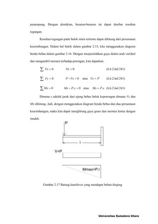 penampang. Dengan demikian, besaran-besaran ini dapat disebut resultan
tegangan.
Resultan tegangan pada balok statis tertentu dapat dihitung dari persamaan
keseimbangan. Dalam hal balok dalam gambar 2.15, kita menggunakan diagram
benda bebas dalam gambar 2.16. Dengan menjumlahkan gaya dalam arah vertikal
dan mengambil momen terhadap potongan, kita dapatkan:
 = 0Fx 0=Nx (Lit.2.hal 241)
 = 0Fy 0=?VxP atau PVx = (Lit.2.hal 241)
 = 0Mx 0. =? xPMx atau xPMx .= (Lit.2.hal 241)
Dimana x adalah jarak dari ujung bebas balok kepotongan dimana Vx dan
Mx dihitung. Jadi, dengan menggunakan diagram benda bebas dan dua persamaan
keseimbangan, maka kita dapat menghitung gaya geser dan momen lentur dengan
mudah.
Gambar 2.17 Batang kantilever yang mendapat beban diujung
Universitas Sumatera Utara
 