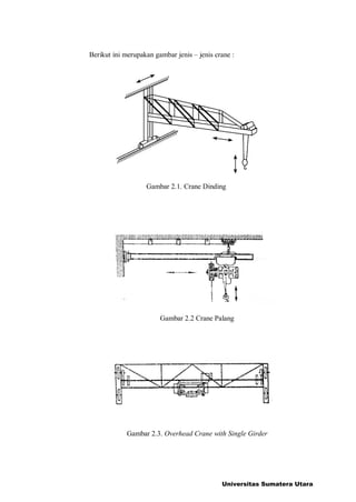 Berikut ini merupakan gambar jenis C jenis crane :
Gambar 2.1. Crane Dinding
Gambar 2.2 Crane Palang
Gambar 2.3. Overhead Crane with Single Girder
Universitas Sumatera Utara
 