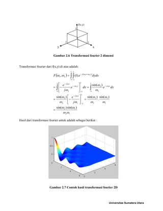 Gambar 2.6 Transformasi fourier 2 dimensi 
Transformasi fourier dari f(x,y) di atas adalah: 
()() 1212112211122112211112111121)sin()sin( )sin(.)sin()sin( )sin( ).1(, 112121 ωωωωωωωωωωωωωωωωωωωωωω = =    −= =    −= = − − − − −− − − −− +− ∫∫ ∫∫ jedxedxejedydxeFxjxjyjxjyxj 
Hasil dari transformasi fourier untuk adalah sebagai berikut : 
Gambar 2.7 Contoh hasil transformasi fourier 2D 
x 
y 
f(x,y) 
1 
1 
1 
Universitas Sumatera Utara 
 