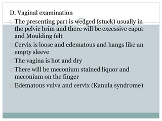 D. Vaginal examination 
The presenting part is wedged (stuck) usually in 
the pelvic brim and there will be excessive caput 
and Moulding felt 
Cervix is loose and edematous and hangs like an 
empty sleeve 
The vagina is hot and dry 
There will be meconium stained liquor and 
meconium on the finger 
Edematous vulva and cervix (Kanula syndrome) 
 