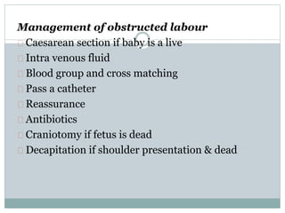 Management of obstructed labour 
Caesarean section if baby is a live 
Intra venous fluid 
Blood group and cross matching 
Pass a catheter 
Reassurance 
Antibiotics 
Craniotomy if fetus is dead 
Decapitation if shoulder presentation & dead 
 