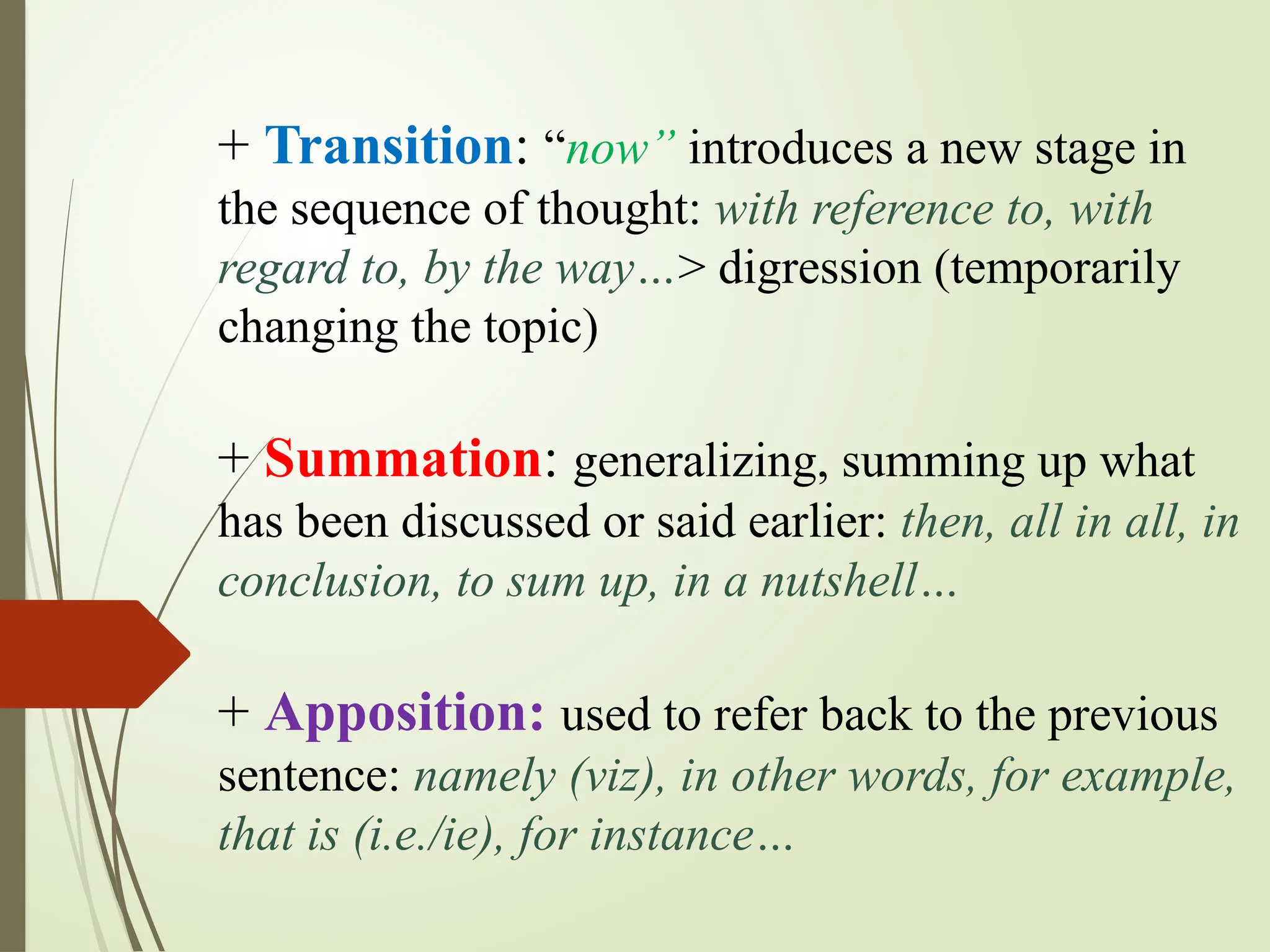 + Transition: “now” introduces a new stage in
the sequence of thought: with reference to, with
regard to, by the way…> digression (temporarily
changing the topic)
+ Summation: generalizing, summing up what
has been discussed or said earlier: then, all in all, in
conclusion, to sum up, in a nutshell…
+ Apposition: used to refer back to the previous
sentence: namely (viz), in other words, for example,
that is (i.e./ie), for instance…
 