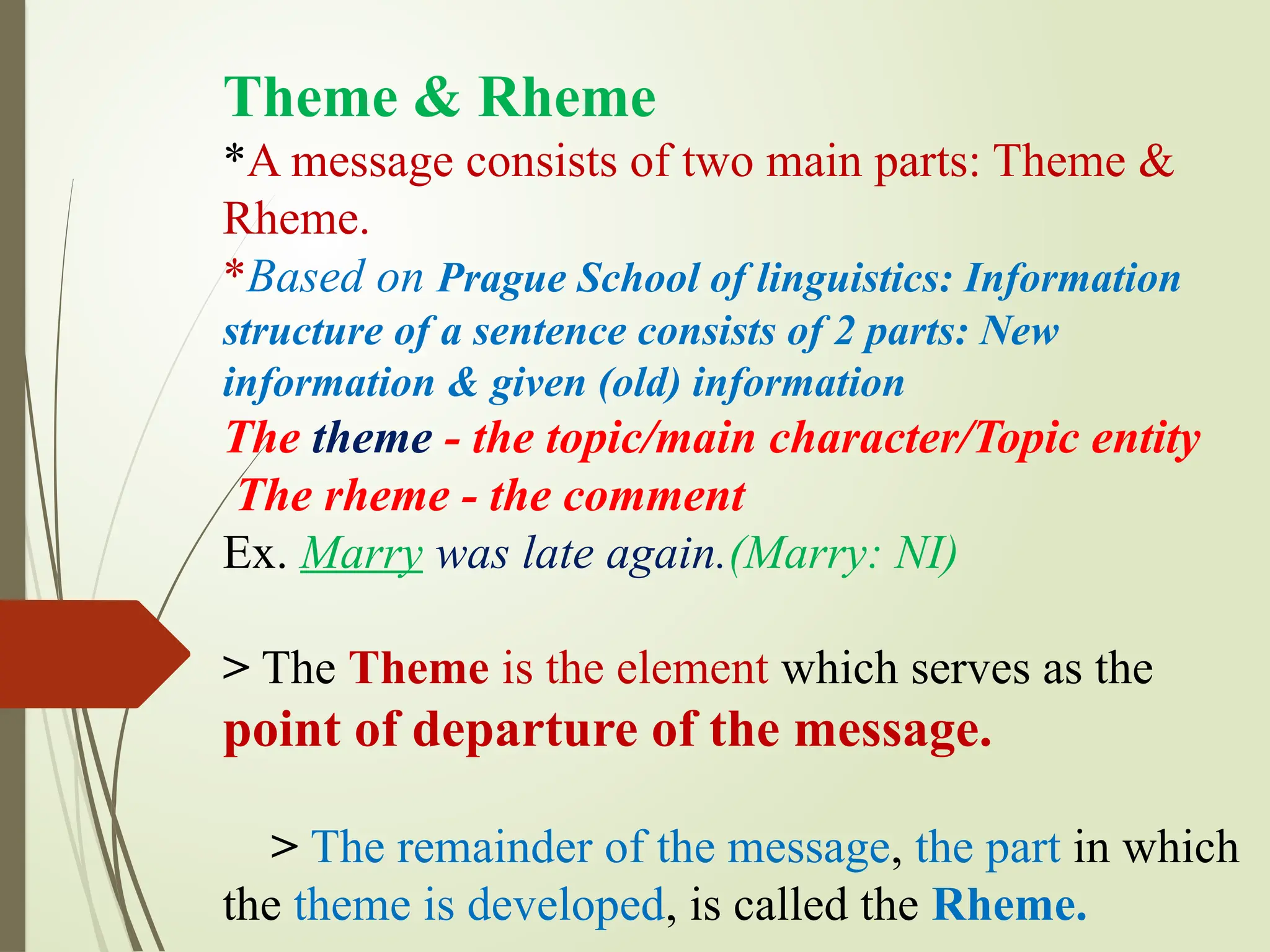 Theme & Rheme
*A message consists of two main parts: Theme &
Rheme.
*Based on Prague School of linguistics: Information
structure of a sentence consists of 2 parts: New
information & given (old) information
The theme - the topic/main character/Topic entity
The rheme - the comment
Ex. Marry was late again.(Marry: NI)
> The Theme is the element which serves as the
point of departure of the message.
> The remainder of the message, the part in which
the theme is developed, is called the Rheme.
 