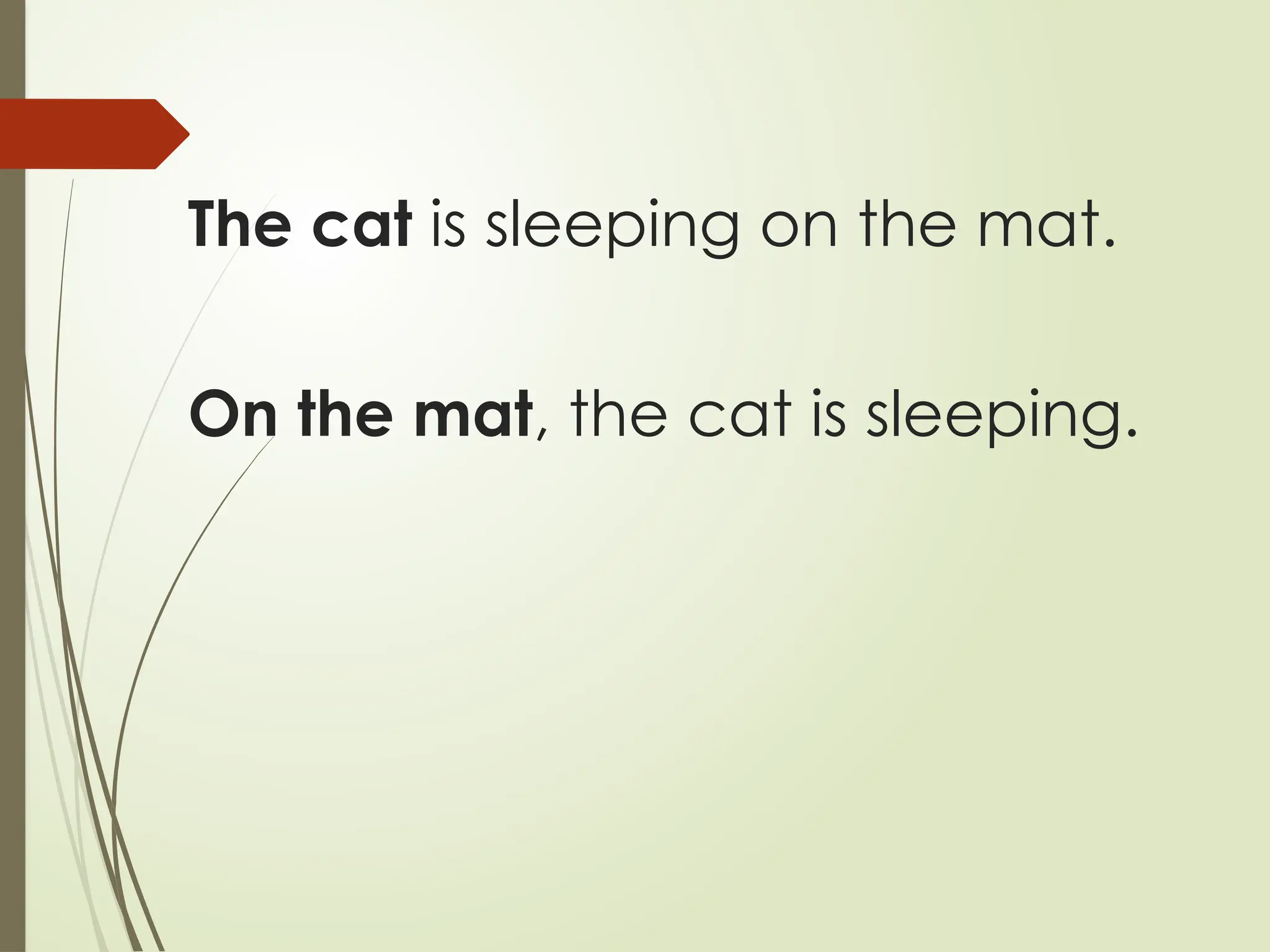 The cat is sleeping on the mat.
On the mat, the cat is sleeping.
 