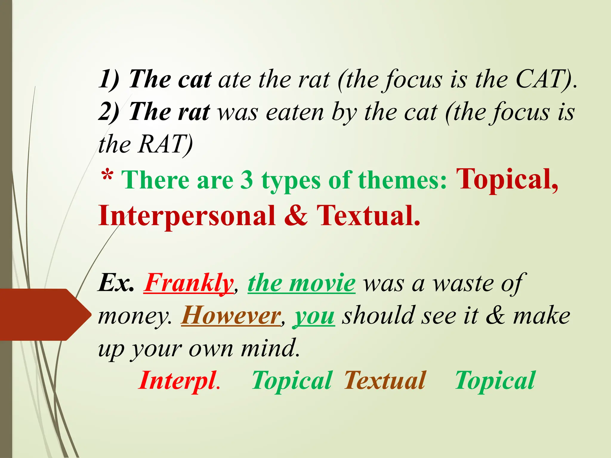 1) The cat ate the rat (the focus is the CAT).
2) The rat was eaten by the cat (the focus is
the RAT)
* There are 3 types of themes: Topical,
Interpersonal & Textual.
Ex. Frankly, the movie was a waste of
money. However, you should see it & make
up your own mind.
Interpl. Topical Textual Topical
 