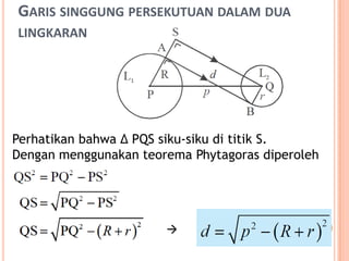 GARIS SINGGUNG PERSEKUTUAN DALAM DUA
LINGKARAN




Perhatikan bahwa ∆ PQS siku-siku di titik S.
Dengan menggunakan teorema Phytagoras diperoleh




                       
 