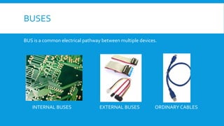 BUSES
BUS is a common electrical pathway between multiple devices.
INTERNAL BUSES EXTERNAL BUSES ORDINARY CABLES
 