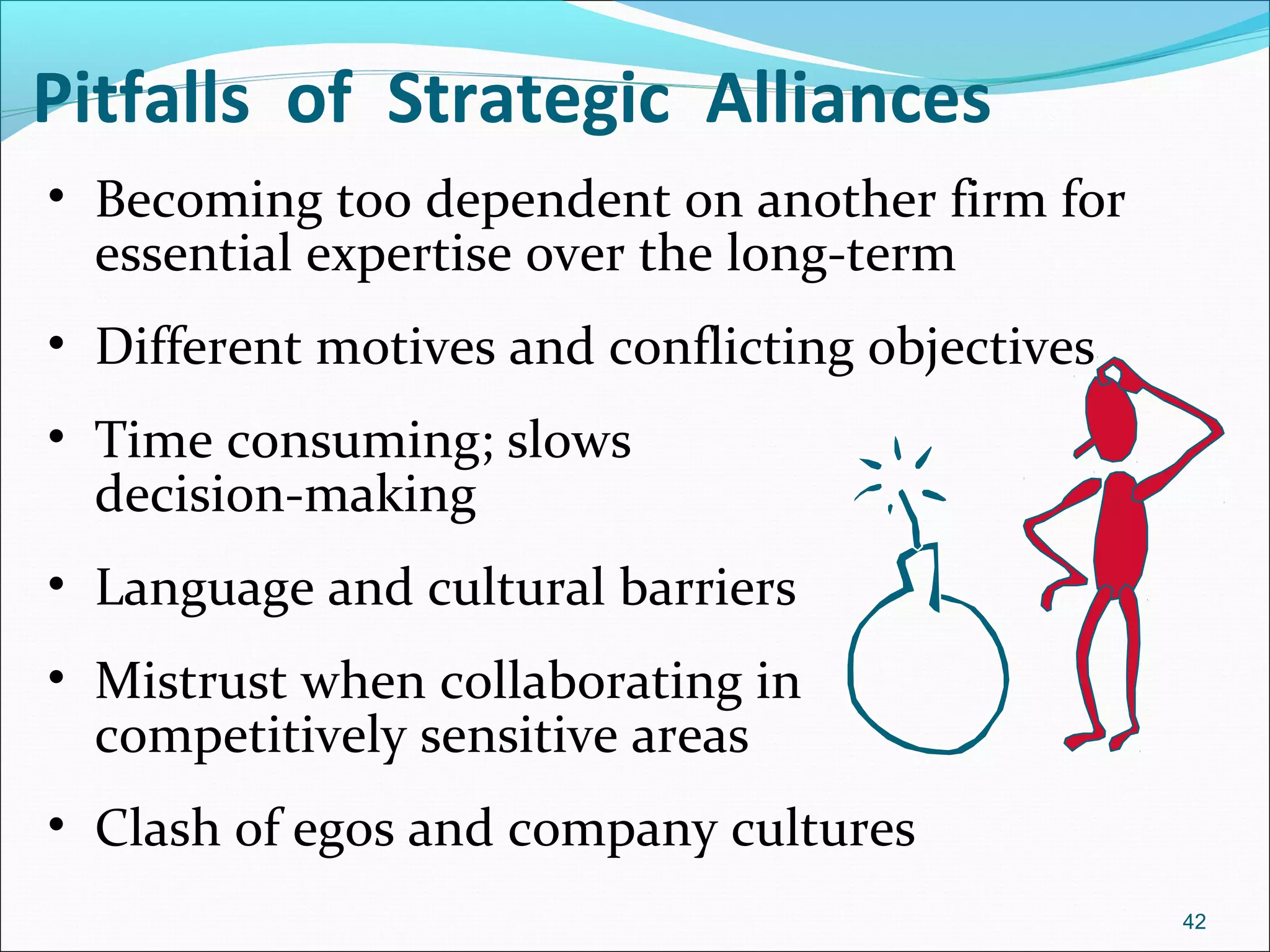 Pitfalls of Strategic Alliances
• Becoming too dependent on another firm for
essential expertise over the long-term
• Different motives and conflicting objectives
• Time consuming; slows
decision-making
• Language and cultural barriers
• Mistrust when collaborating in
competitively sensitive areas
• Clash of egos and company cultures
42
 