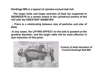 Hardinge Mill   is a typical of cylindro-conical ball mill. The larger balls and larger particles of feed are supposed to SEGREGATE to a certain extent in the cylindrical portion of the mill with the GREATEST DIAMETER. - There is a relationship between size of particles and size of Balls In any cases, the LIFTING EFFECT on the ball is greatest at the greatest diameter, and the larger balls will be most effective in size reduction of this point. Cutway of ideal operation of Conical Hardinge Ball Mill 