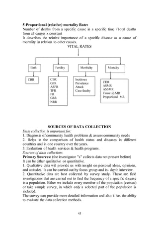 45
5-Proportional (relative) mortality Rate:
Number of deaths from a specific cause in a specific time /Total deaths
from all causes x constant
It describes the relative importance of a specific disease as a cause of
mortality in relation to other causes.
VITAL RATES
SOURCES OF DATA COLLECTION
Data collection is important for:
1. Diagnosis of community health problems & assess community needs
2. Helps in the comparison of health status and diseases in different
countries and in one country over the years.
3. Evaluation of health services & health programs.
Sources of data collection:
Primary Sources: (the investigator "s" collects data not present before)
It can be either qualitative or quantitative.
1. Qualitative data will provide us with insight on personal ideas, opinions,
and attitudes. It can be carried out by focus group and in- depth interview.
2. Quantitative data are best collected by survey study. These are field
investigations that are carried out to find the frequency of a specific disease
in a population. Either we include every member of the population (census)
or take sample survey, in which only a selected part of the population is
included.
The survey can provide more detailed information and also it has the ability
to evaluate the data collection methods.
Birth Fertility Morbidity Mortality
CBR CBR
GFR
ASFR
TFR
FR
GRR
NRR
Incidence
Prevalence
Attack
Case fatality
CDR
ASMR
ASSMR
Cause sp.MR
Proportional MR
 