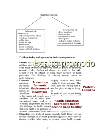 49
Health promotion
Problems facing health promotion in developing countries
1- Poverty and consequently the poor living conditions (e.g. poor
nutrition, poor housing, environmental degradation) associated with
it are major obstacle for improving health of people in developing
countries. Unless fundamental changes are made to this wider
context it will be difficult to make major advances in health
promotion. The challenge of reducing poverty cannot be
underestimated.
2- Economic priorities: Most developing countries have limited
resources and many competing demands for these resources. They
are seeking to achieve rapid economic gains and development by
industrialization and food production that gives priority to foreign
markets for earning foreign exchange.
Insufficient attention is given to the needs of local citizens leading
to low wages and poverty, poor nutrition and worse environmental
condition, all of which have serious health consequences.
International donors tend to encourage activities that promote
economic development and have quick and visible outcomes.
The challenge for health promotion is to convince policy-makers
that good health is an economic asset rather than a cost and it is an
essential component of social and economic empowerment
3- Education: Low levels of literacy specially health literacy provide
another challenge for the health promotion approach. This can be an
obvious problem when trying to promote better health behavior
Governmental role
- laws, legislations
- health services
- environmental health
- health policy
- sufficient budget for health
- co-operation of all Ministries
Individual role
-health litracy
- early seeking medical advice
- compliance to treatment
- healthy habits
- healthy life style
- good nutrition
- genetic counseling
- change bad health traditions
Health promotioHealth promotion
Prevention
Immuniz.
Environment
H.Services
Protectio
Laws&po
Health education
Appreciate health
Keen to keep healthy
 