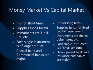 Money Market Vs Capital Market
• It is for short term
• Supplies funds for WC
• Instruments are T-bill,
CM, etc
• Each sin...
