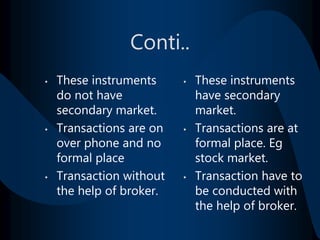Conti..
• These instruments
do not have
secondary market.
• Transactions are on
over phone and no
formal place
• Transacti...