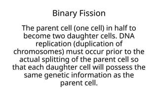 Binary Fission
The parent cell (one cell) in half to
become two daughter cells. DNA
replication (duplication of
chromosomes) must occur prior to the
actual splitting of the parent cell so
that each daughter cell will possess the
same genetic information as the
parent cell.
 