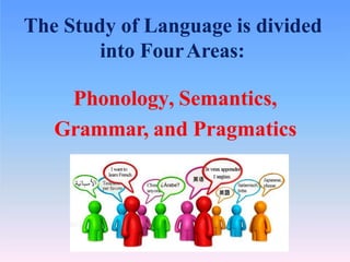 The Study of Language is divided
into FourAreas:
Phonology, Semantics,
Grammar, and Pragmatics
 