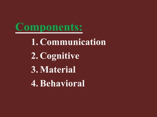 Components:
1. Communication
2. Cognitive
3. Material
4. Behavioral
 