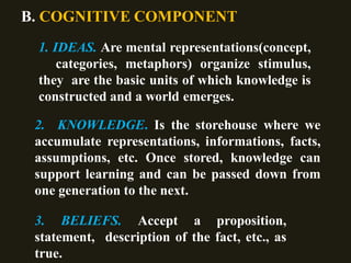 B. COGNITIVE COMPONENT
1. IDEAS. Are mental representations(concept,
categories, metaphors) organize stimulus,
they are the basic units of which knowledge is
constructed and a world emerges.
2. KNOWLEDGE. Is the storehouse where we
accumulate representations, informations, facts,
assumptions, etc. Once stored, knowledge can
support learning and can be passed down from
one generation to the next.
3. BELIEFS. Accept a proposition,
statement, description of the fact, etc., as
true.
 