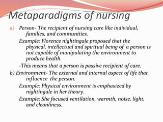 Metaparadigms of nursing
a) Person- The recipient of nursing care like individual,
families, and communities.
Example: Florence nightingale proposed that the
physical, intellectual and spiritual being of a person is
not capable of manipulating the environment to
produce health.
-This means that a person is passive recipient of care.
b) Environment- The external and internal aspect of life that
influence the person.
Example: Physical environment is emphasized by
nightingale in her theory.
Example: She focused ventilation, warmth, noise, light,
and cleanliness.
 