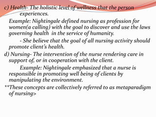 c) Health- The holistic level of wellness that the person
experiences.
Example: Nightingale defined nursing as profession for
women(a calling) with the goal to discover and use the laws
governing health in the service of humanity.
- She believe that the goal of all nursing activity should
promote client’s health.
d) Nursing- The intervention of the nurse rendering care in
support of, or in cooperation with the client.
Example: Nightingale emphasized that a nurse is
responsible in promoting well being of clients by
manipulating the environment.
**These concepts are collectively referred to as metaparadigm
of nursing>
 