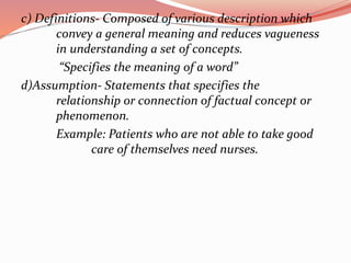 c) Definitions- Composed of various description which
convey a general meaning and reduces vagueness
in understanding a set of concepts.
“Specifies the meaning of a word”
d)Assumption- Statements that specifies the
relationship or connection of factual concept or
phenomenon.
Example: Patients who are not able to take good
care of themselves need nurses.
 
