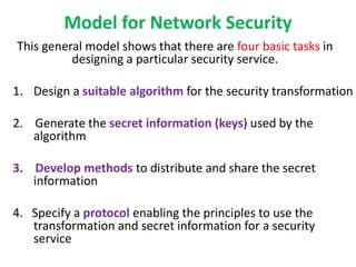 Model for Network Security
This general model shows that there are four basic tasks in
designing a particular security service.
1. Design a suitable algorithm for the security transformation
2. Generate the secret information (keys) used by the
algorithm
3. Develop methods to distribute and share the secret
information
4. Specify a protocol enabling the principles to use the
transformation and secret information for a security
service
 