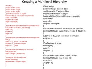 Creating a Multilevel Hierarchy
class Box {
private double width;
private double height;
private double depth;
// construct clone of an object
Box(Box ob) { // pass object to constructor
width = ob.width;
height = ob.height;
depth = ob.depth;
}
// constructor used when all dimensions specified
Box(double w, double h, double d) {
width = w;
height = h;
depth = d;
}
// constructor used when no dimensions specified
Box() {
width = -1; // use -1 to indicate
height = -1; // an uninitialized
depth = -1; // box
}
// constructor used when cube is created
Box(double len) {
width = height = depth = len;
}
// compute and return volume
double volume() {
return width * height * depth;
}
}
// Add weight.
class BoxWeight extends Box {
double weight; // weight of box
// construct clone of an object
BoxWeight(BoxWeight ob) { // pass object to
constructor
super(ob);
weight = ob.weight;
}
// constructor when all parameters are specified
BoxWeight(double w, double h, double d, double m)
{
super(w, h, d); // call superclass constructor
weight = m;
}
// default constructor
BoxWeight() {
super();
weight = -1;
}
// constructor used when cube is created
BoxWeight(double len, double m) {
super(len);
weight = m;
}
}
 